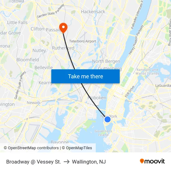 Broadway @ Vessey St. to Wallington, NJ map