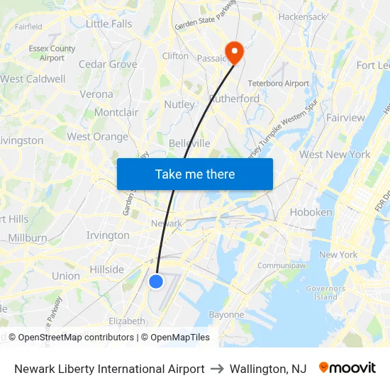 Newark Liberty International Airport to Wallington, NJ map