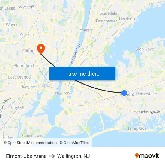 Elmont-Ubs Arena to Wallington, NJ map