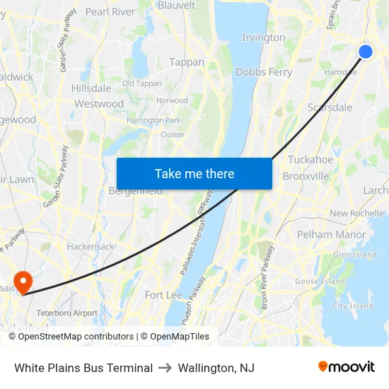 White Plains Bus Terminal to Wallington, NJ map