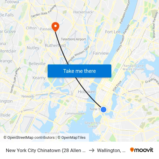 New York City Chinatown (28 Allen St) to Wallington, NJ map