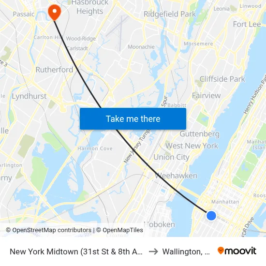 New York Midtown (31st St & 8th Ave) to Wallington, NJ map