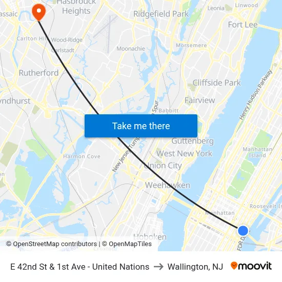E 42nd St & 1st Ave - United Nations to Wallington, NJ map