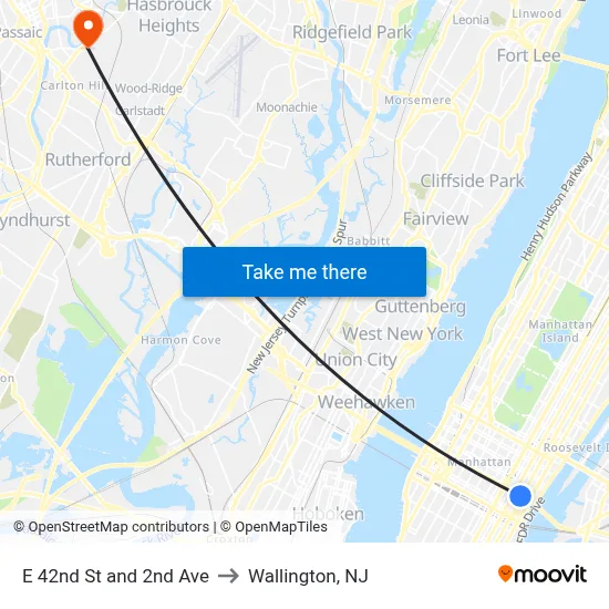 E 42nd St and 2nd Ave to Wallington, NJ map