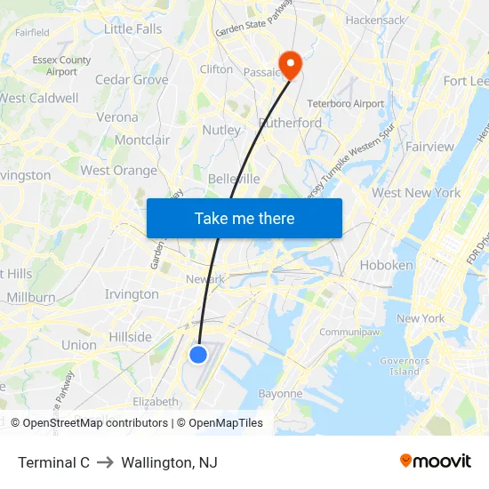 Terminal C to Wallington, NJ map