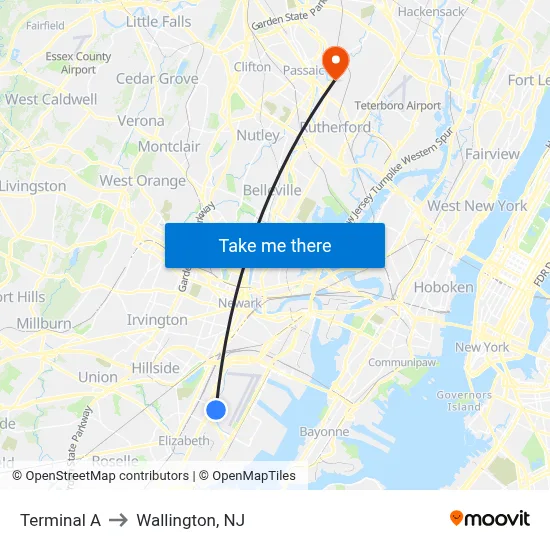 Terminal A to Wallington, NJ map