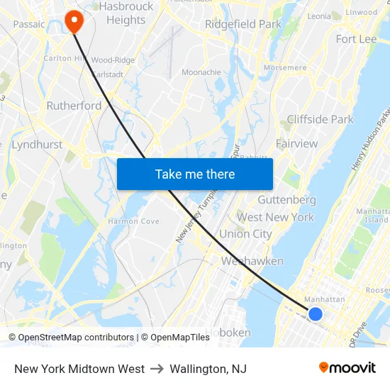 New York Midtown West to Wallington, NJ map