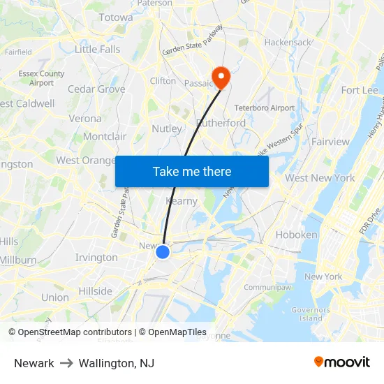 Newark to Wallington, NJ map