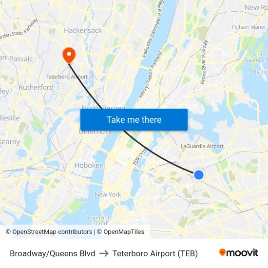 Broadway/Queens Blvd to Teterboro Airport (TEB) map