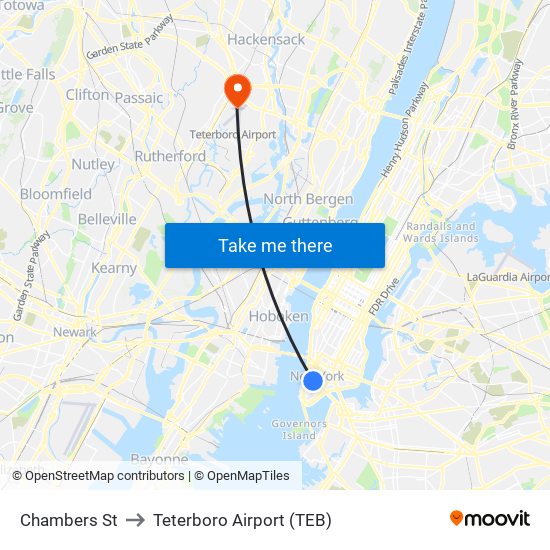 Chambers St to Teterboro Airport (TEB) map