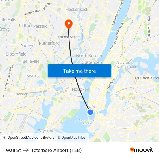 Wall St to Teterboro Airport (TEB) map