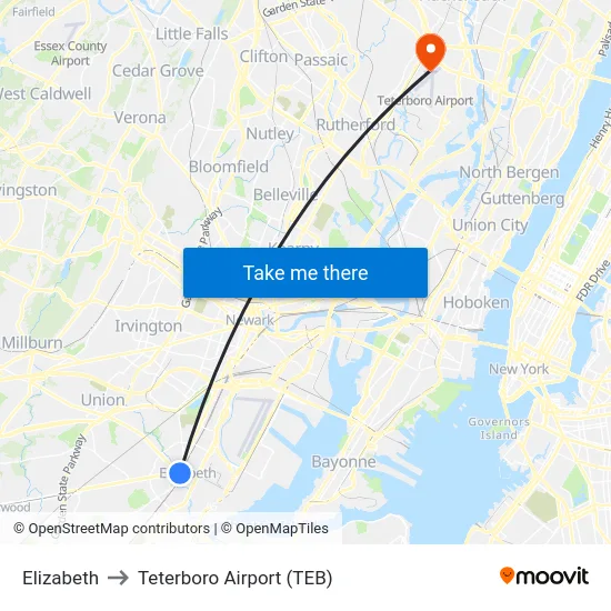 Elizabeth to Teterboro Airport (TEB) map