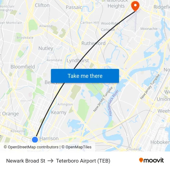 Newark Broad St to Teterboro Airport (TEB) map