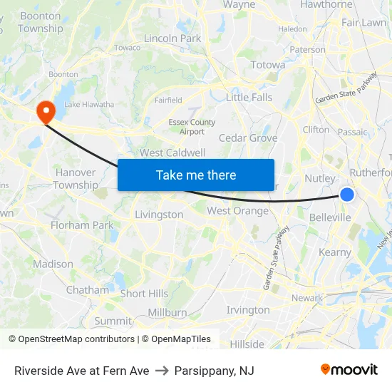 Riverside Ave at Fern Ave to Parsippany, NJ map