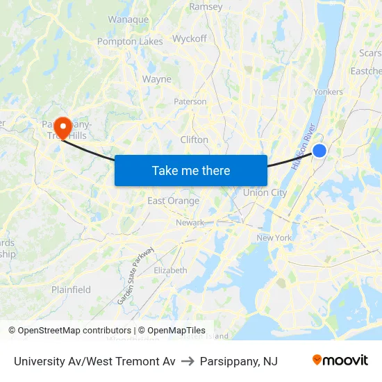 University Av/West Tremont Av to Parsippany, NJ map