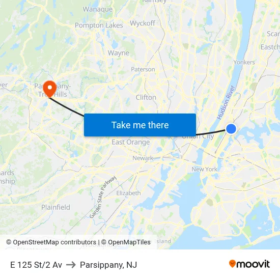 E 125 St/2 Av to Parsippany, NJ map