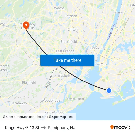 Kings Hwy/E 13 St to Parsippany, NJ map