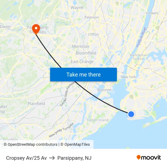 Cropsey Av/25 Av to Parsippany, NJ map