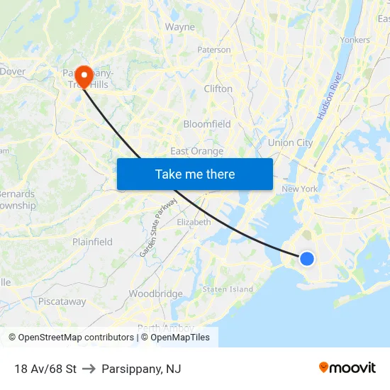 18 Av/68 St to Parsippany, NJ map