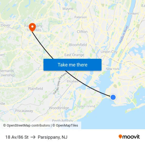 18 Av/86 St to Parsippany, NJ map