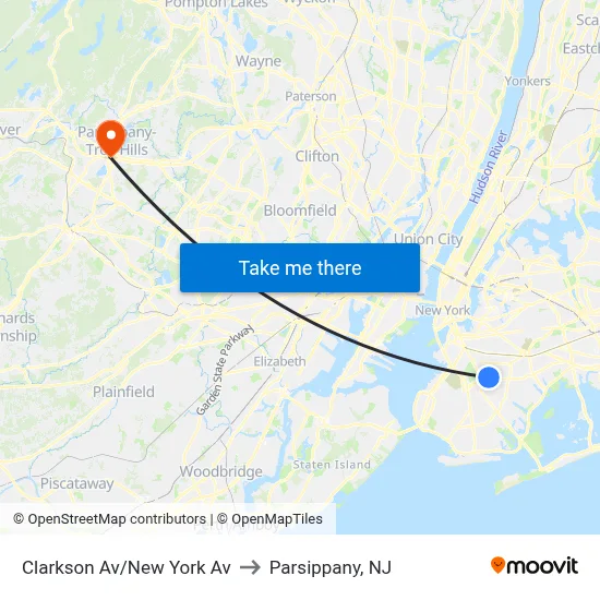 Clarkson Av/New York Av to Parsippany, NJ map