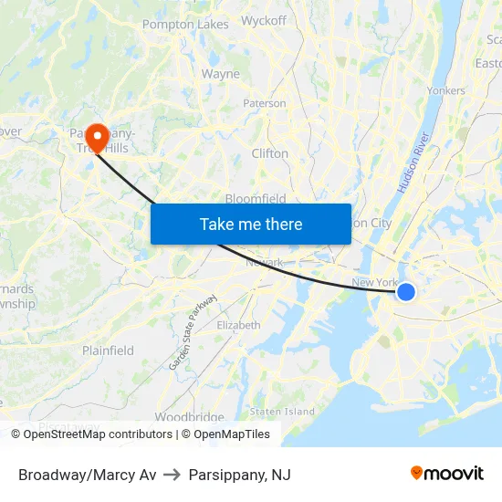 Broadway/Marcy Av to Parsippany, NJ map