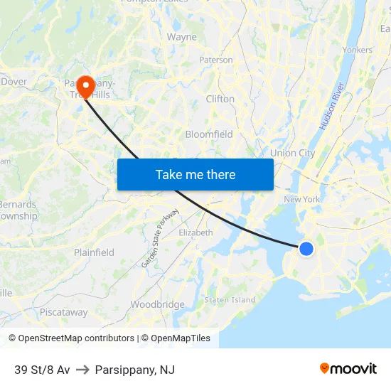 39 St/8 Av to Parsippany, NJ map