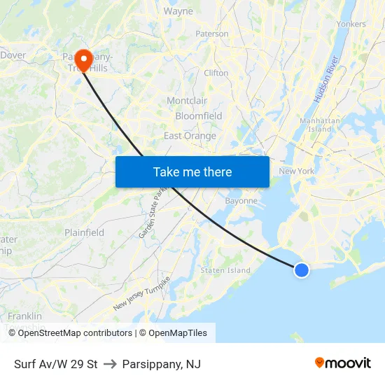 Surf Av/W 29 St to Parsippany, NJ map