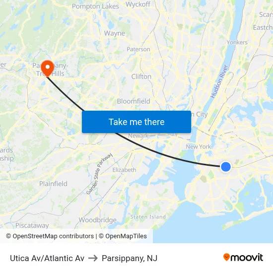 Utica Av/Atlantic Av to Parsippany, NJ map