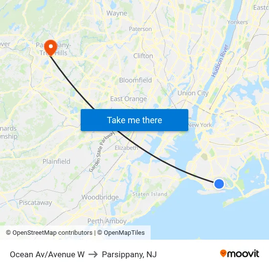 Ocean Av/Avenue W to Parsippany, NJ map