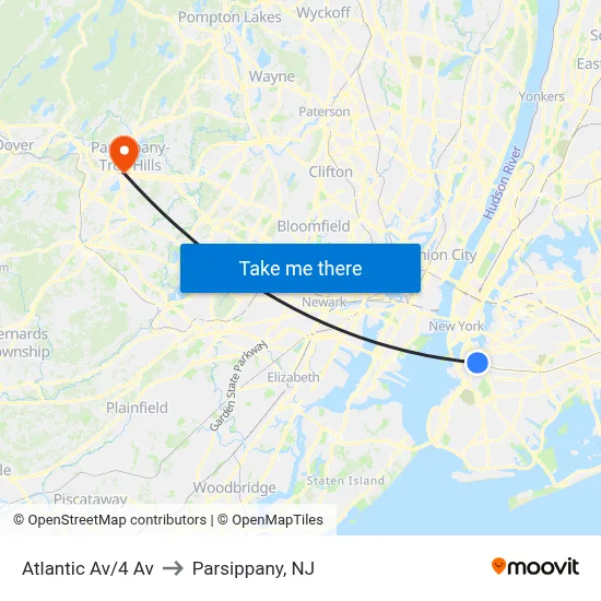Atlantic Av/4 Av to Parsippany, NJ map