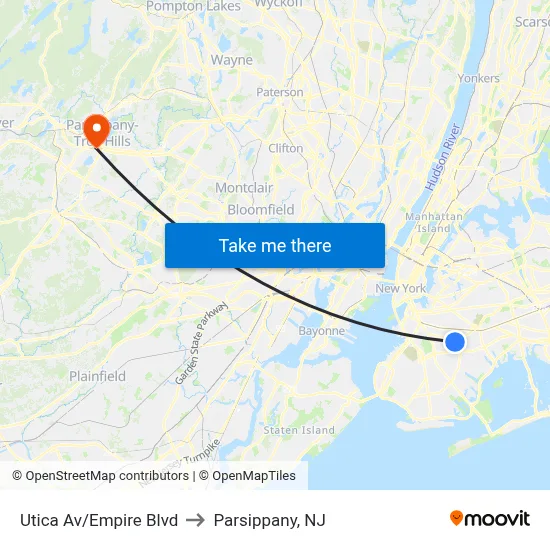 Utica Av/Empire Blvd to Parsippany, NJ map