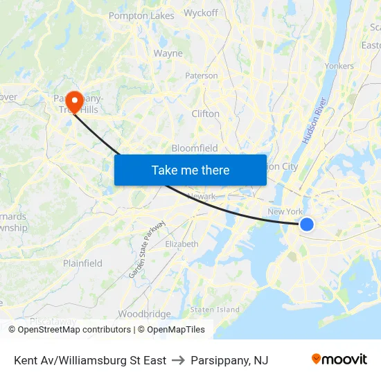 Kent Av/Williamsburg St East to Parsippany, NJ map