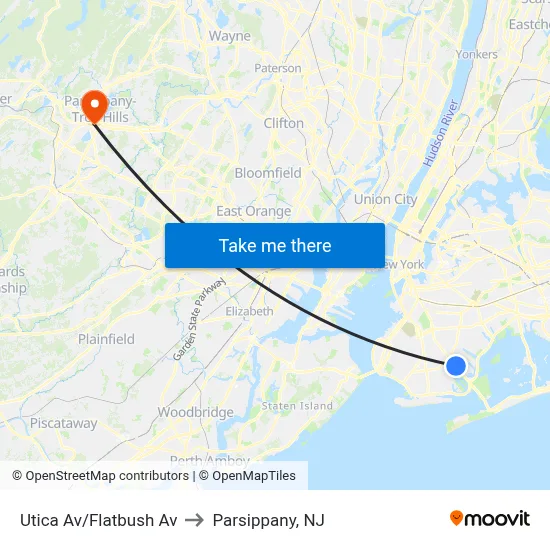Utica Av/Flatbush Av to Parsippany, NJ map