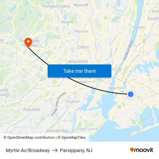 Myrtle Av/Broadway to Parsippany, NJ map