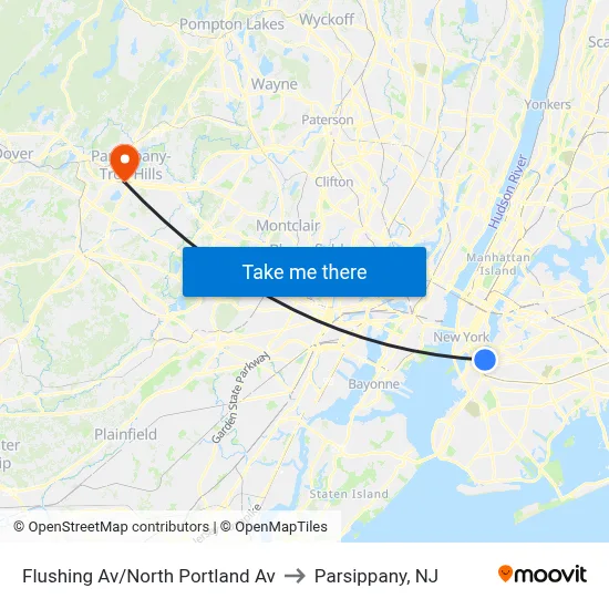 Flushing Av/North Portland Av to Parsippany, NJ map