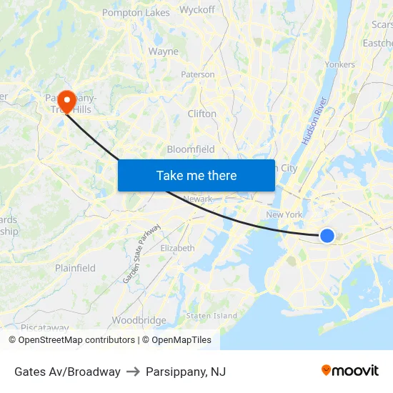 Gates Av/Broadway to Parsippany, NJ map
