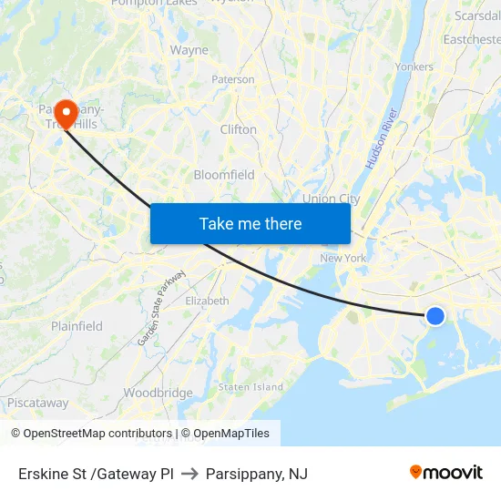 Erskine St /Gateway Pl to Parsippany, NJ map