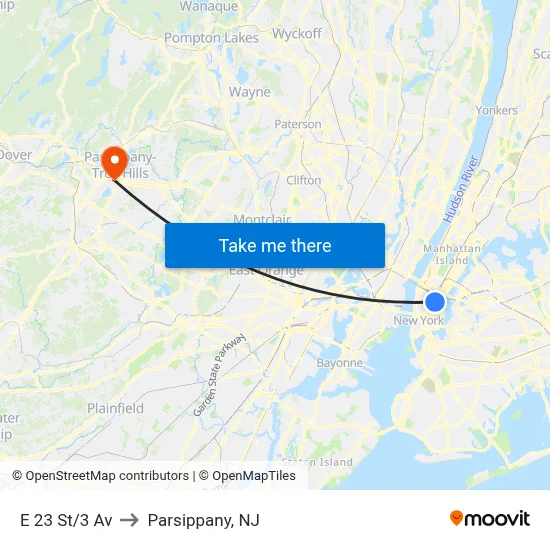E 23 St/3 Av to Parsippany, NJ map
