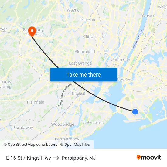 E 16 St / Kings Hwy to Parsippany, NJ map