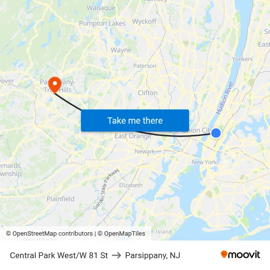 Central Park West/W 81 St to Parsippany, NJ map