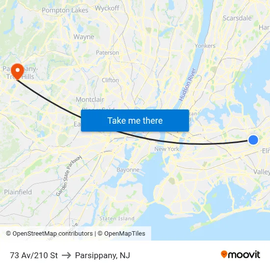 73 Av/210 St to Parsippany, NJ map