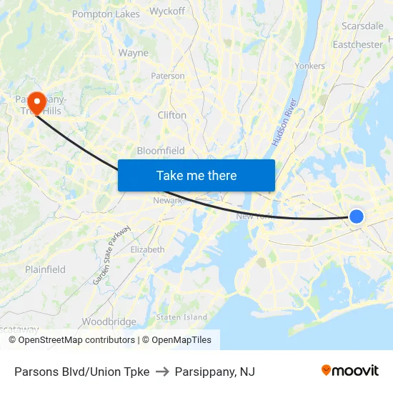 Parsons Blvd/Union Tpke to Parsippany, NJ map