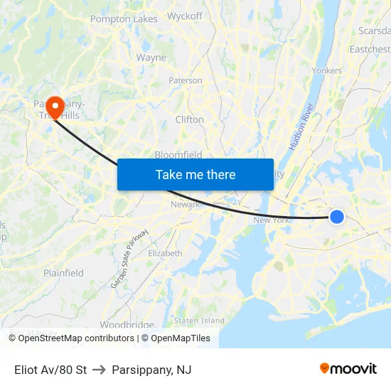 Eliot Av/80 St to Parsippany, NJ map