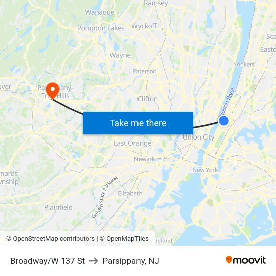 Broadway/W 137 St to Parsippany, NJ map