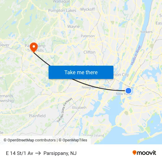 E 14 St/1 Av to Parsippany, NJ map