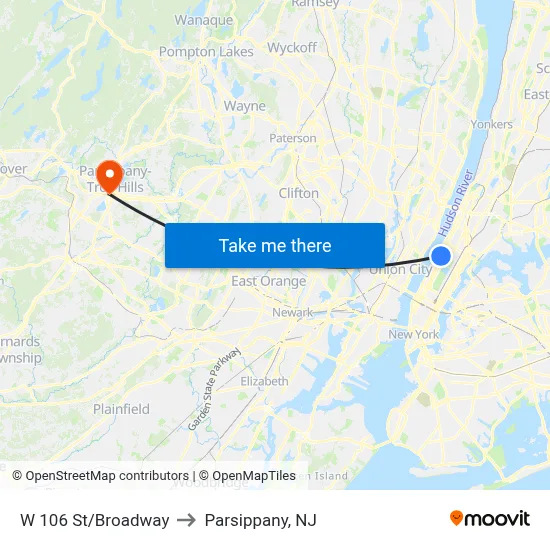 W 106 St/Broadway to Parsippany, NJ map