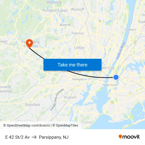 E 42 St/2 Av to Parsippany, NJ map