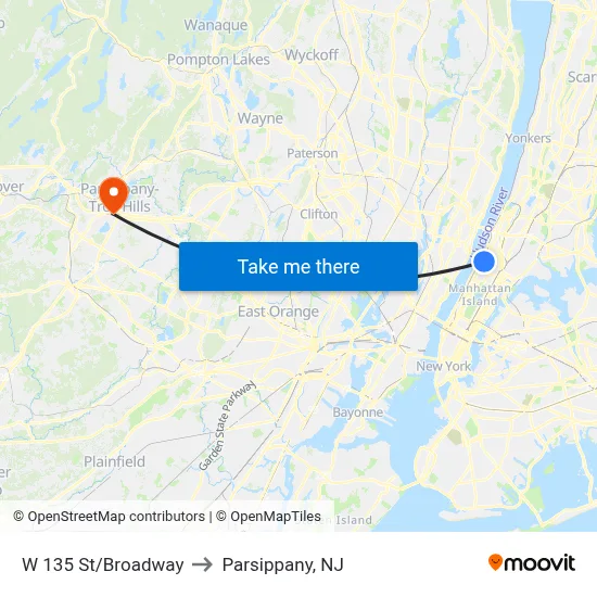 W 135 St/Broadway to Parsippany, NJ map