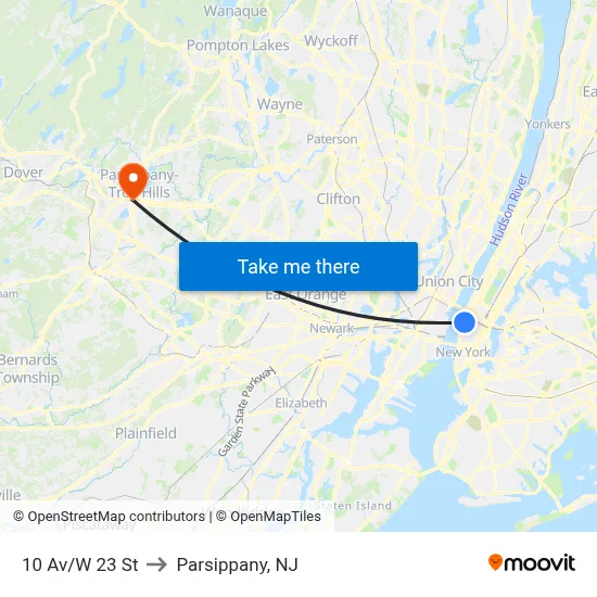 10 Av/W 23 St to Parsippany, NJ map
